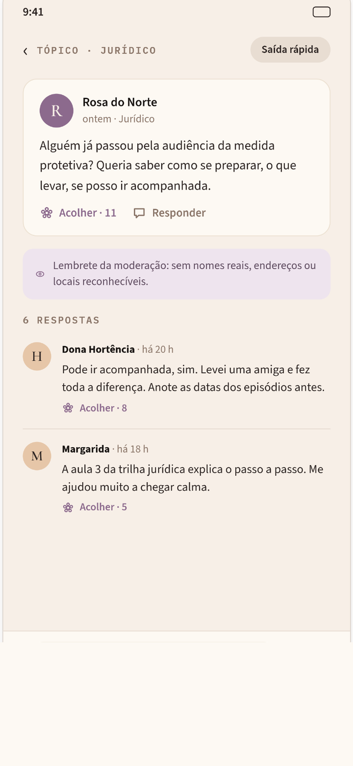 Tela do app: Feed da comunidade moderado
